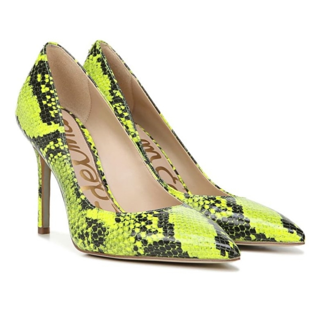 Sam Edelman Hazel Neon Yellow Snake Leather Heels